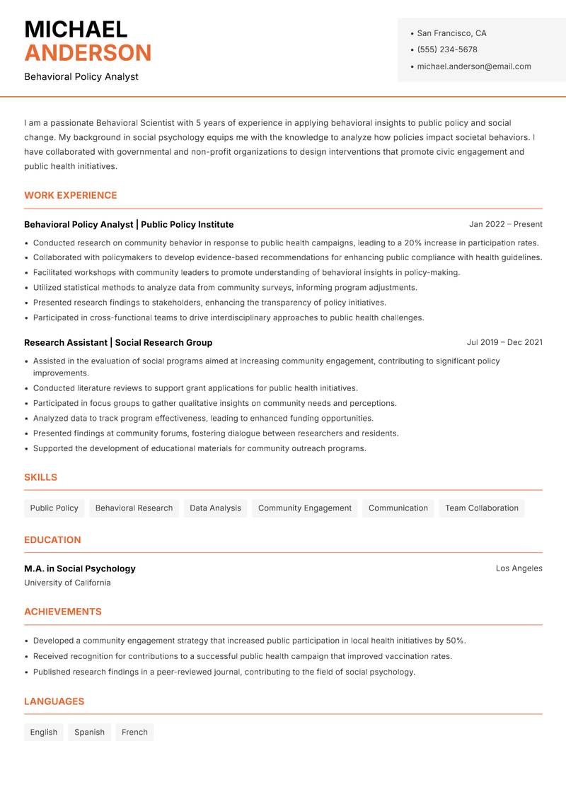 Behavioral Scientist Resume Template