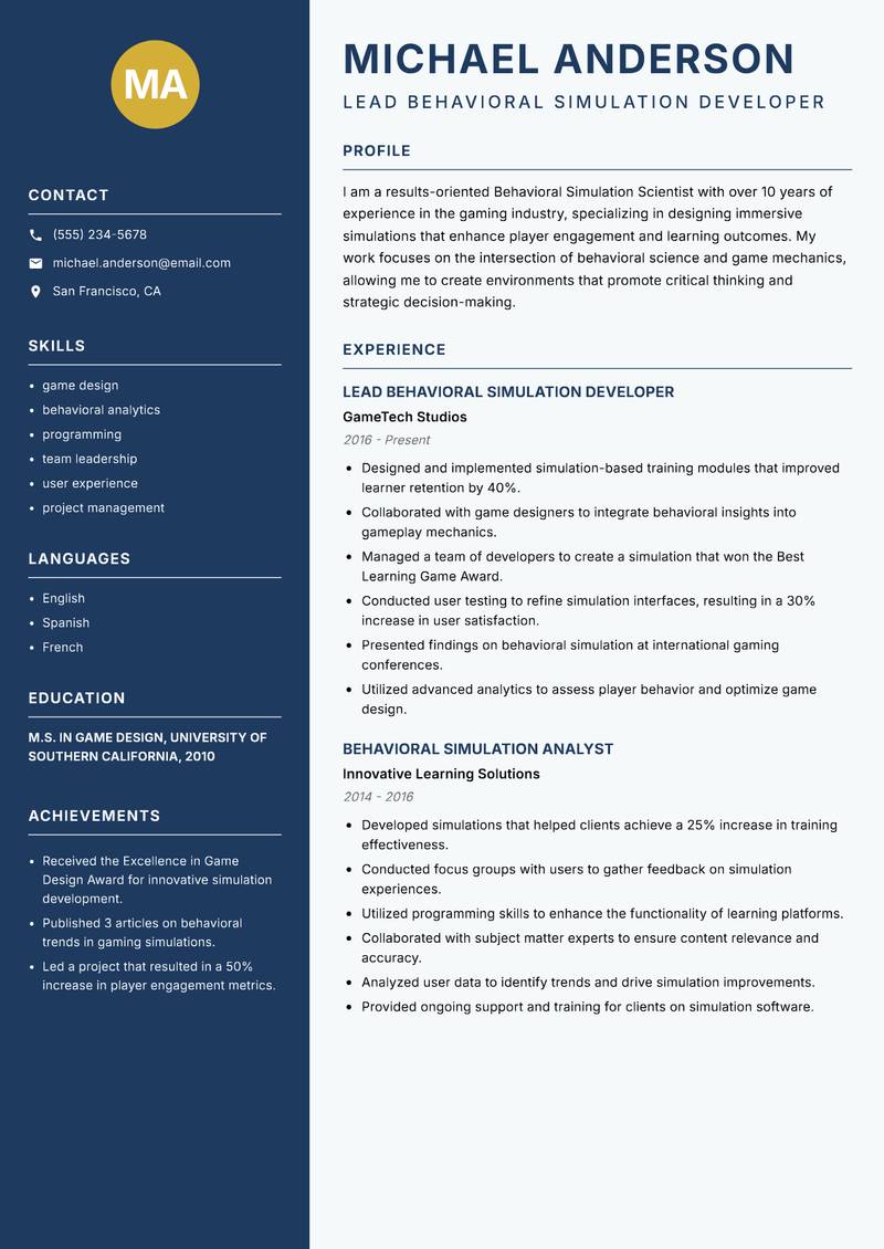 Behavioral Simulation Scientist Resume Preview Example