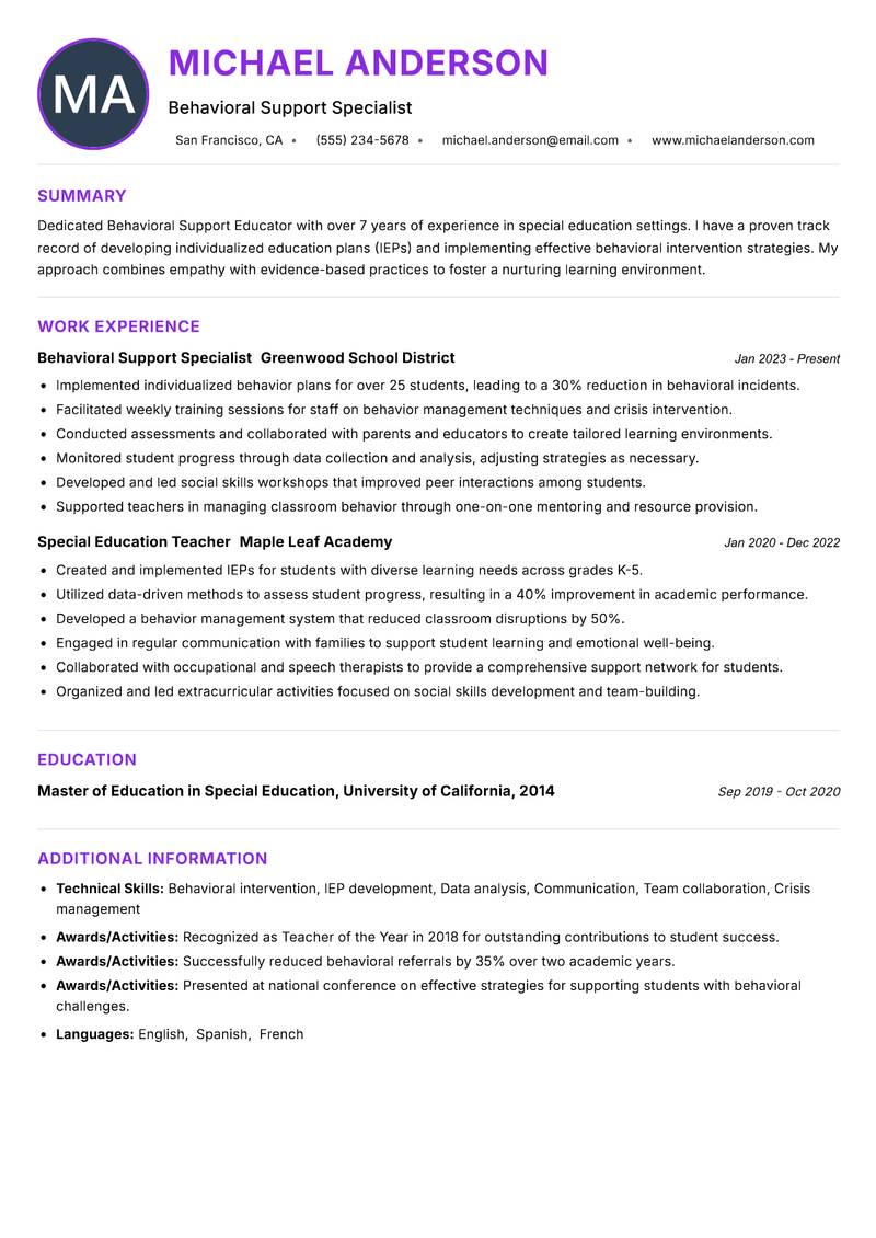 Behavioral Support Educator Resume Preview Example