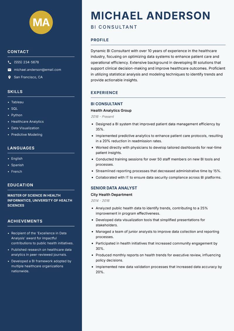 BI Consultant Resume Preview Example