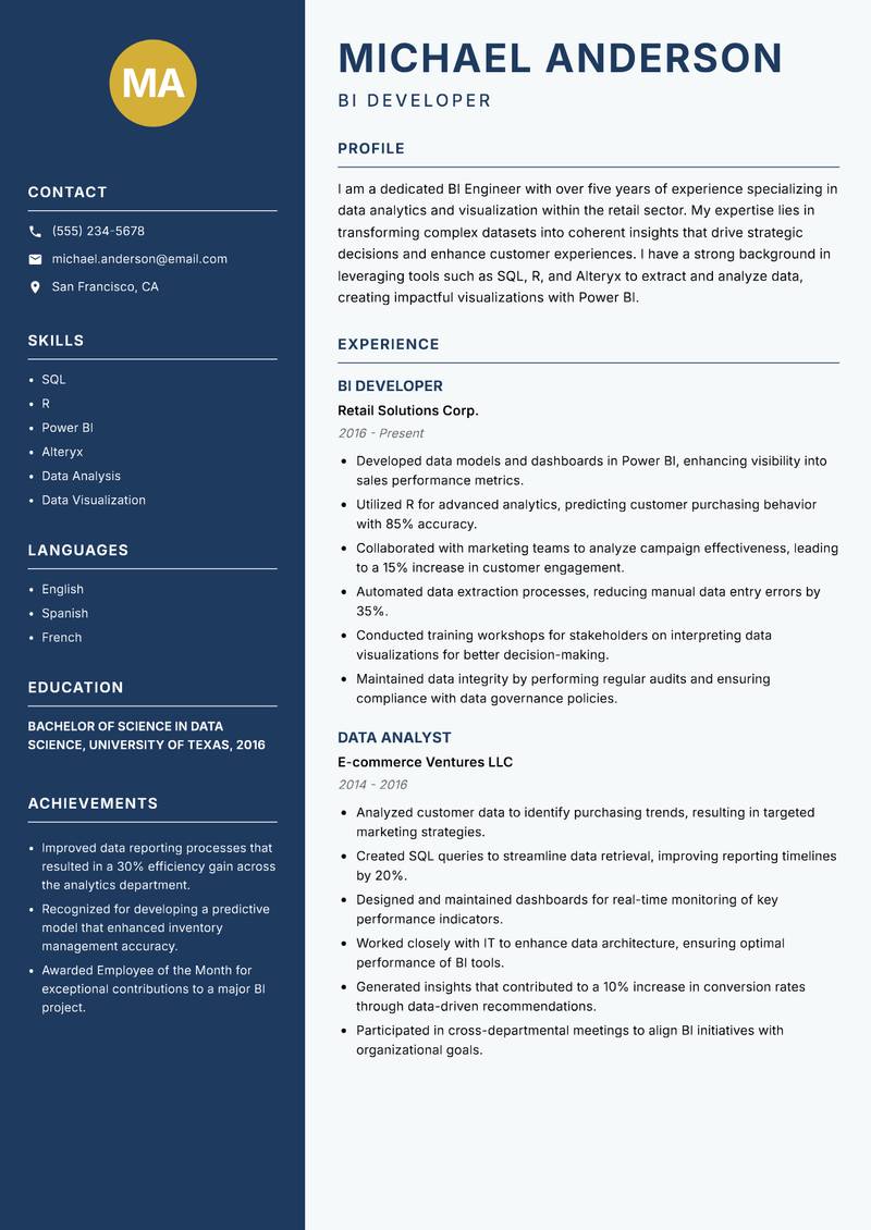BI Engineer Resume Preview Example