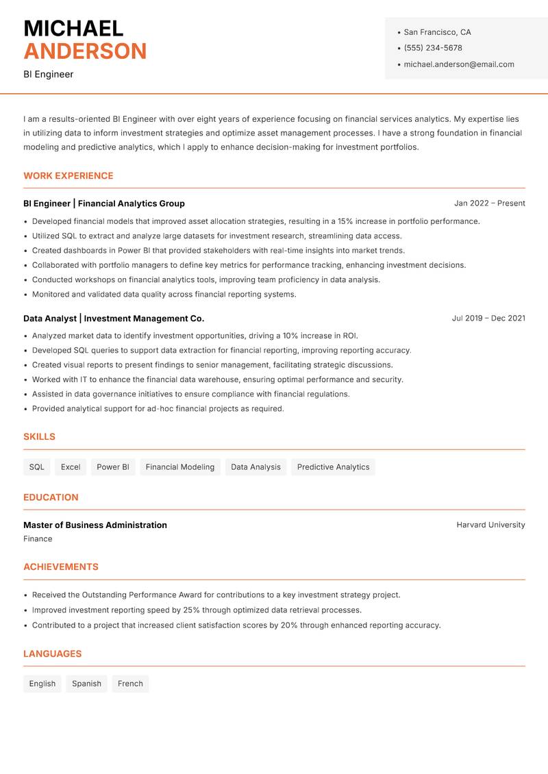 BI Engineer Resume Template