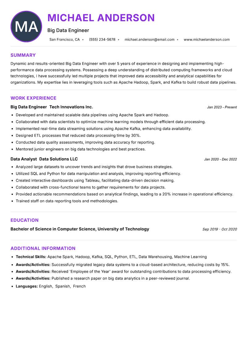 Big Data Engineer Resume Preview Example