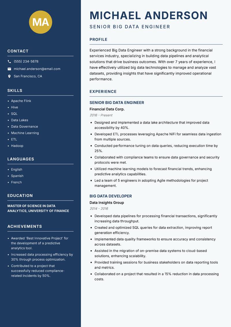Big Data Engineer Resume Preview Example