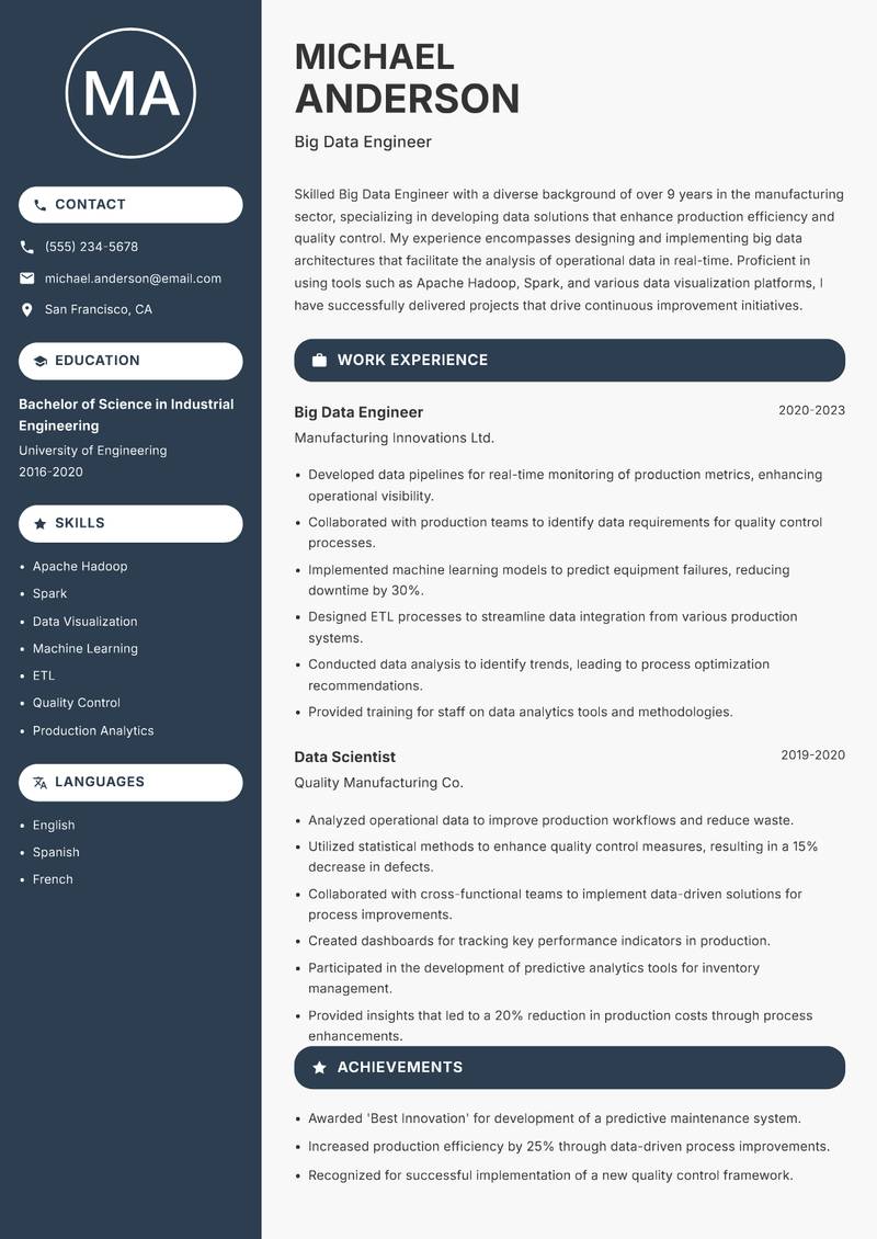 Big Data Engineer Resume Preview Example