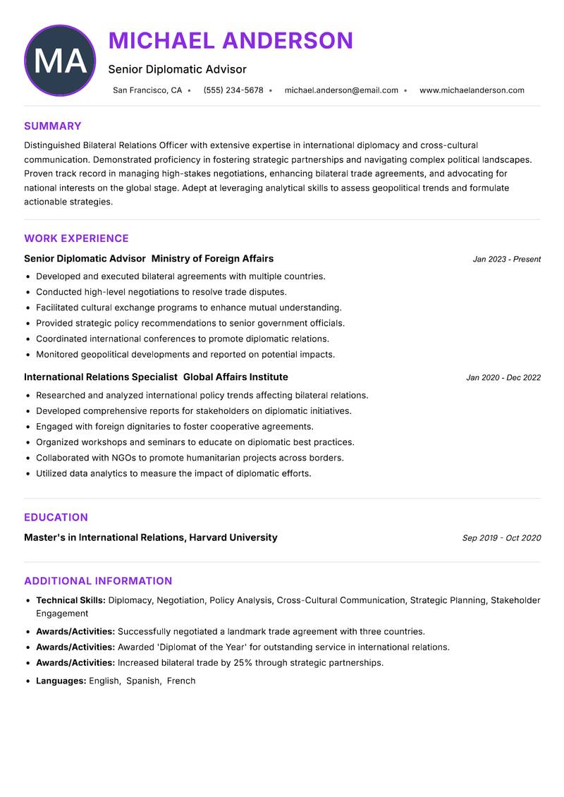 Bilateral Relations Officer Resume Preview Example