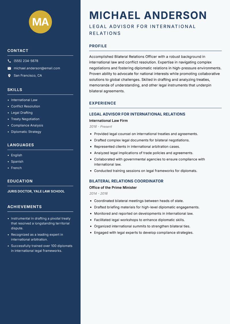 Bilateral Relations Officer Resume Preview Example