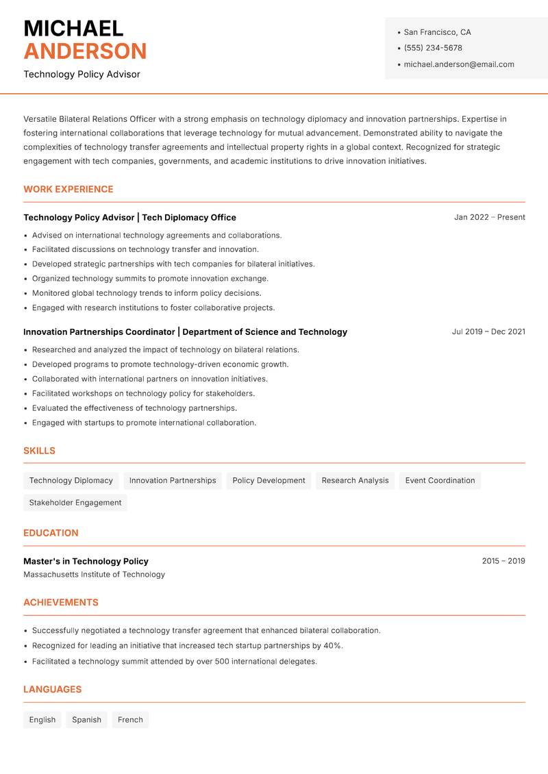 Bilateral Relations Officer Resume Template