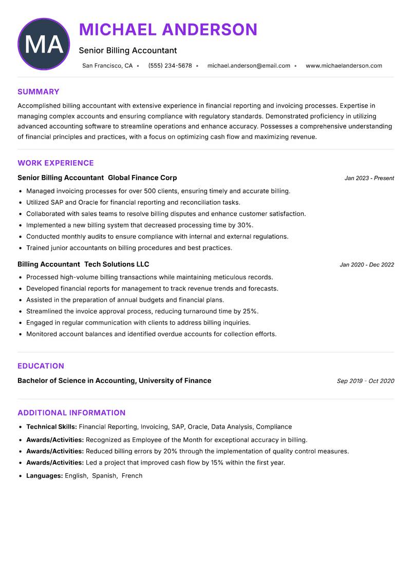 Billing Accountant Resume Preview Example