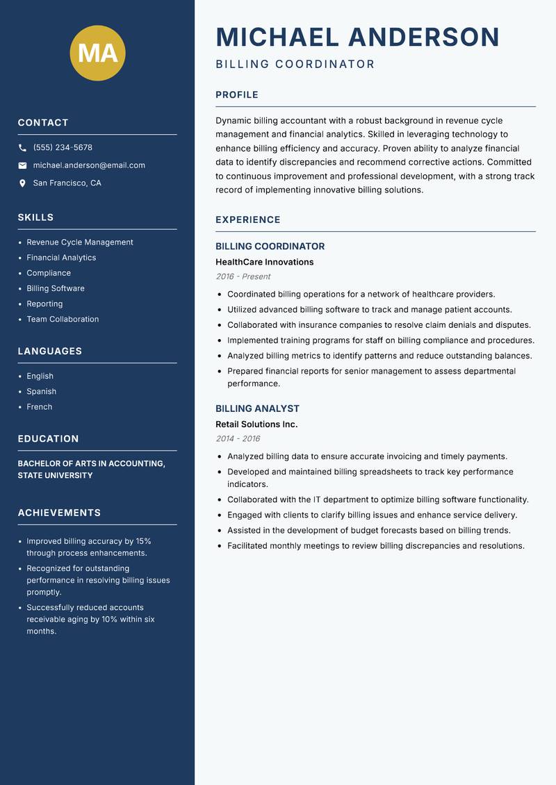 Billing Accountant Resume Preview Example
