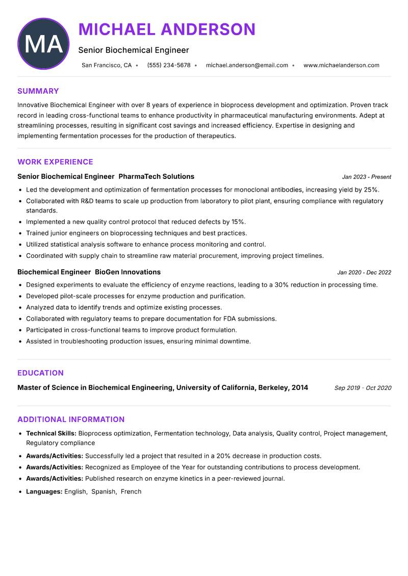 Biochemical Engineer Resume Preview Example
