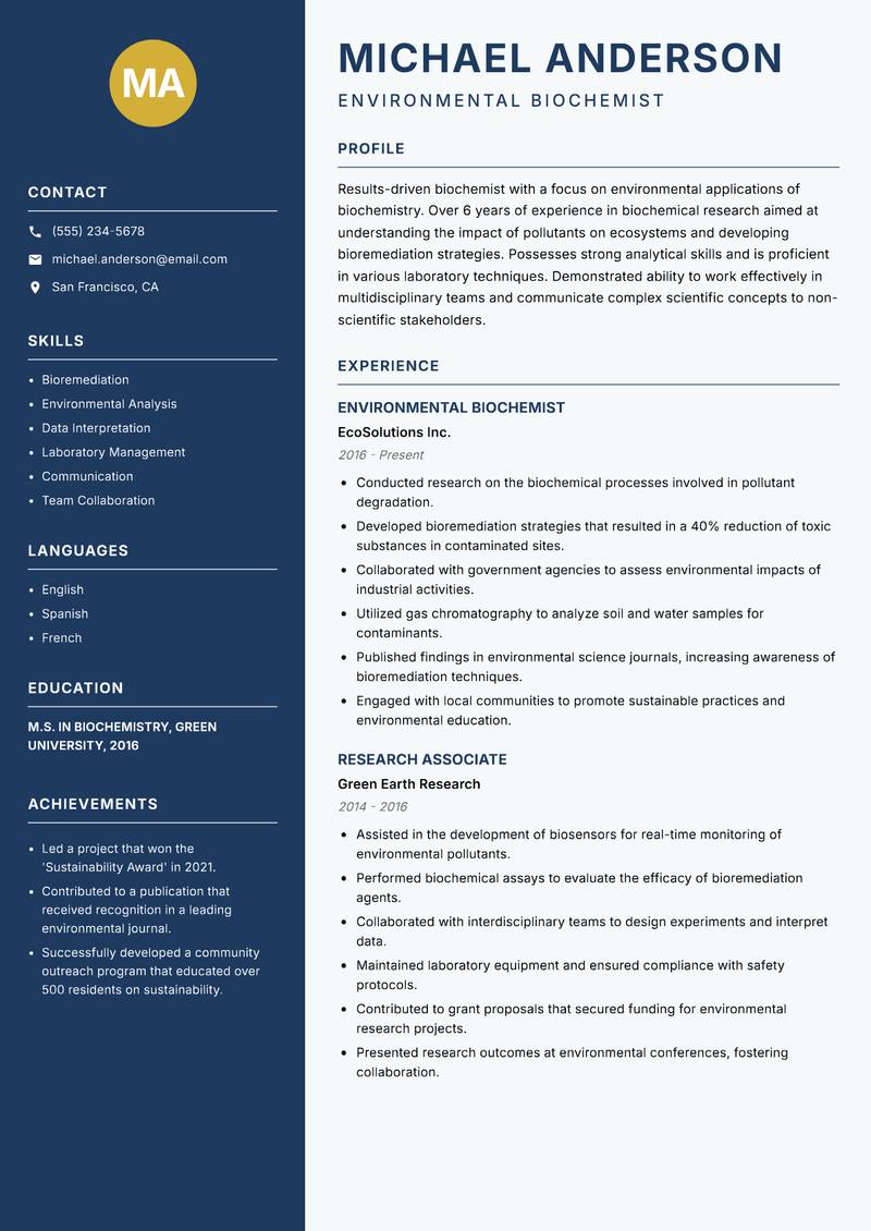 Biochemist Resume Preview Example