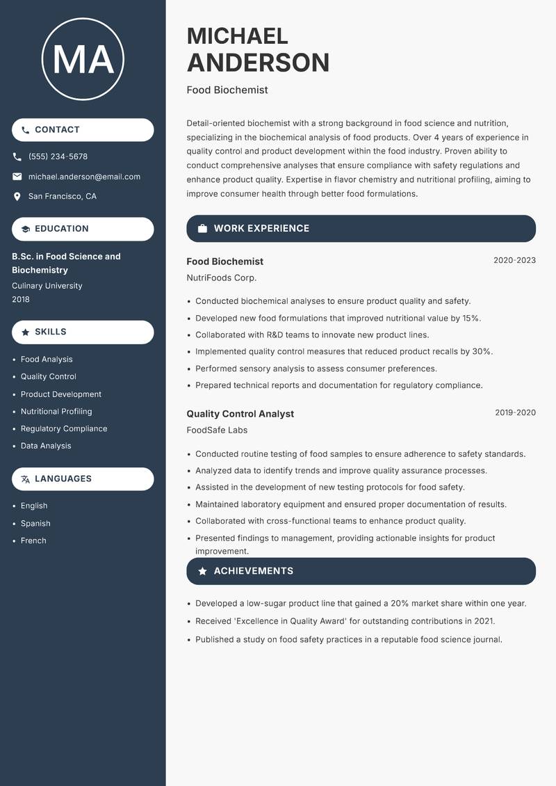 Biochemist Resume Preview Example