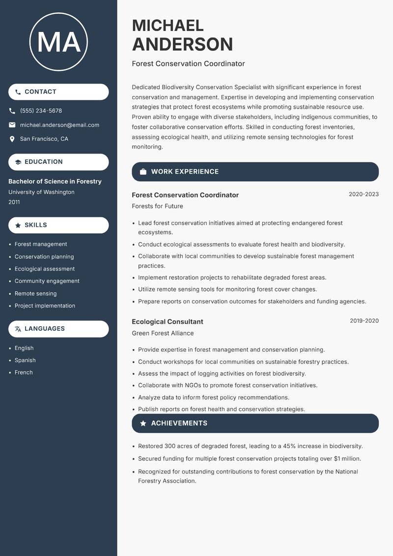Biodiversity Conservation Specialist Resume Preview Example