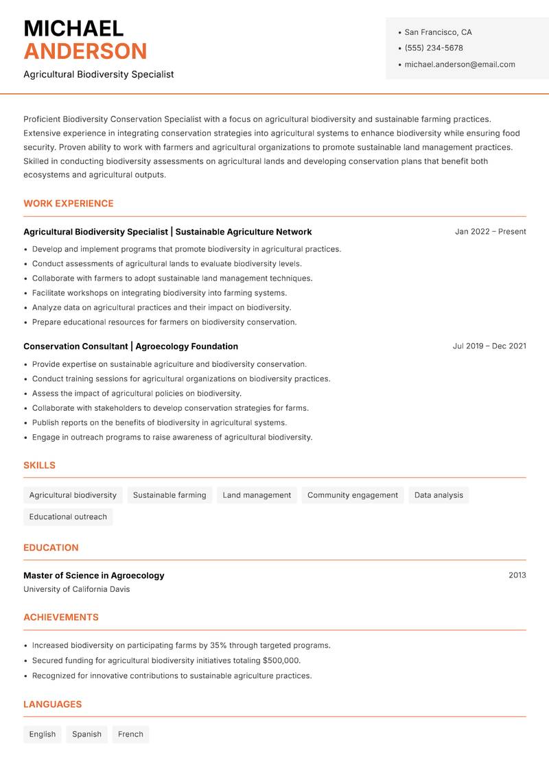 Biodiversity Conservation Specialist Resume Template