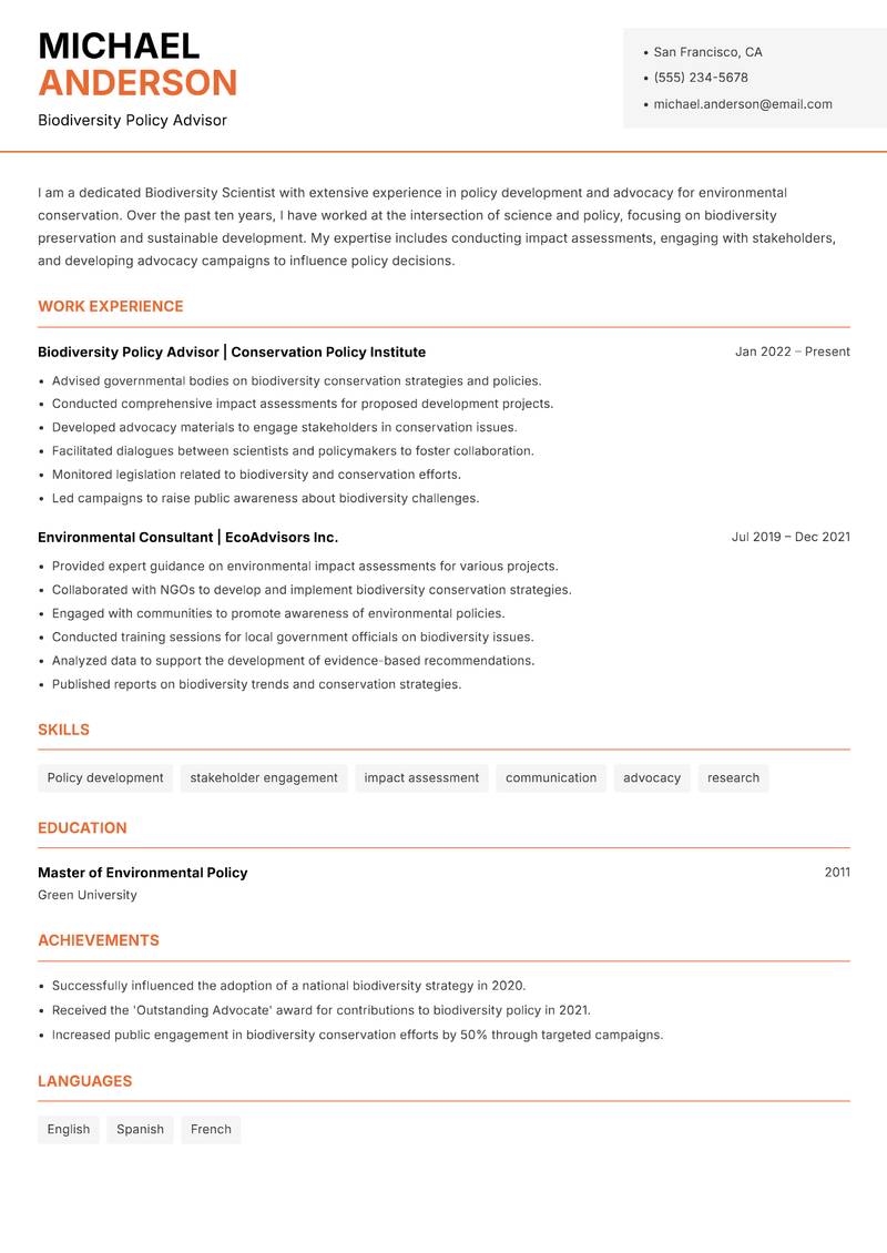 Biodiversity Scientist Resume Template