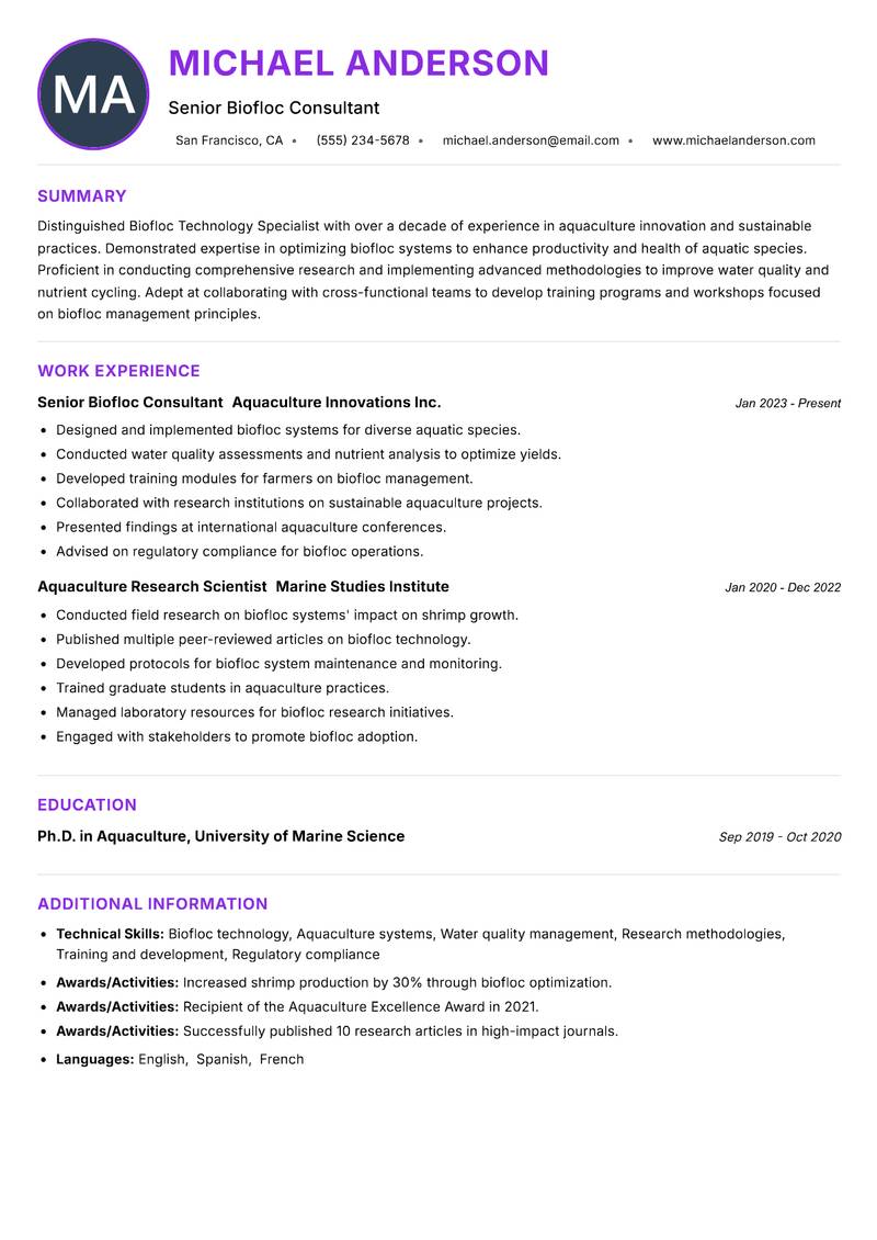 Biofloc Technology Specialist Resume Preview Example