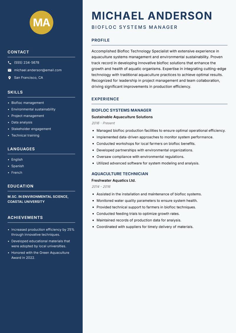 Biofloc Technology Specialist Resume Preview Example