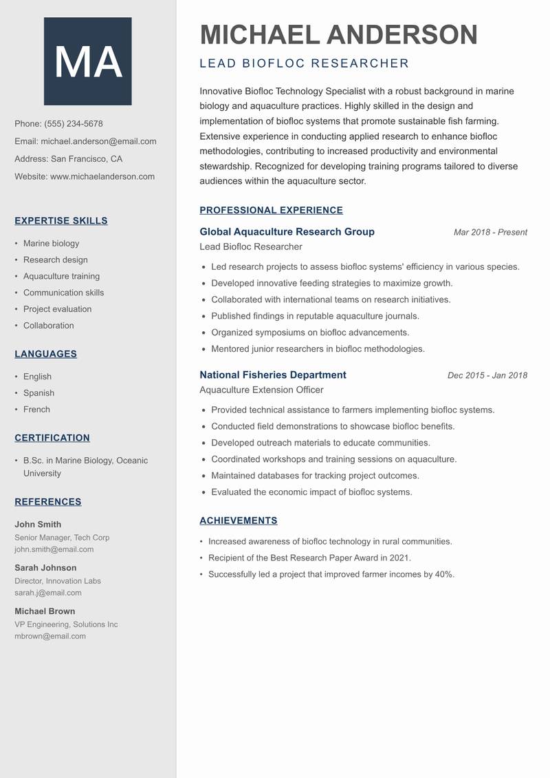 Biofloc Technology Specialist Resume Preview Example