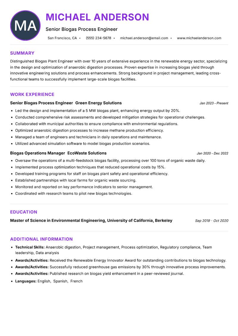 Biogas Plant Engineer Resume Preview Example