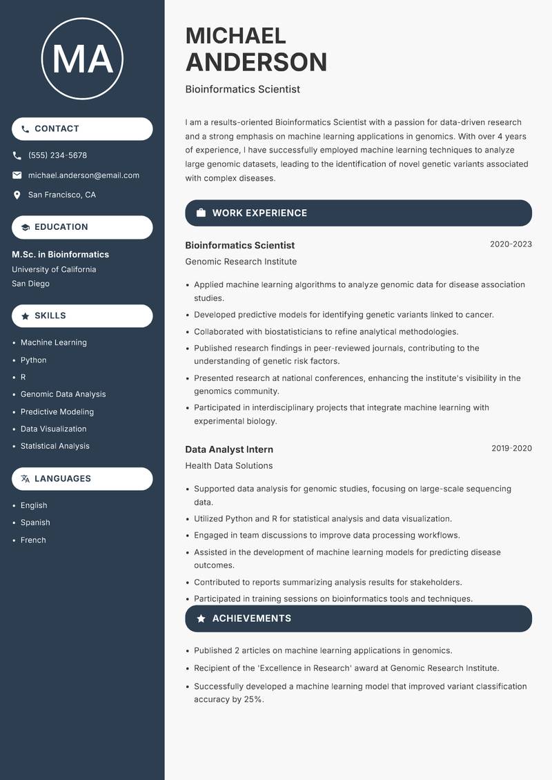 Bioinformatics Scientist Resume Preview Example