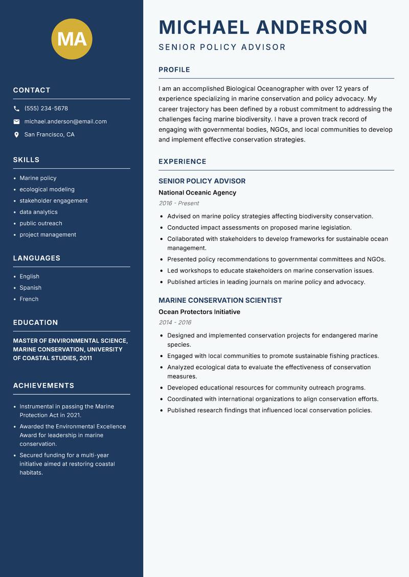 Biological Oceanographer Resume Preview Example