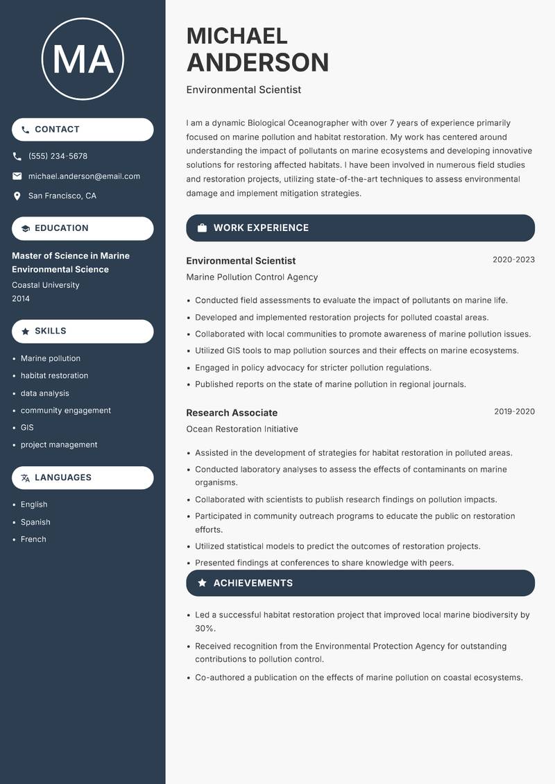 Biological Oceanographer Resume Preview Example
