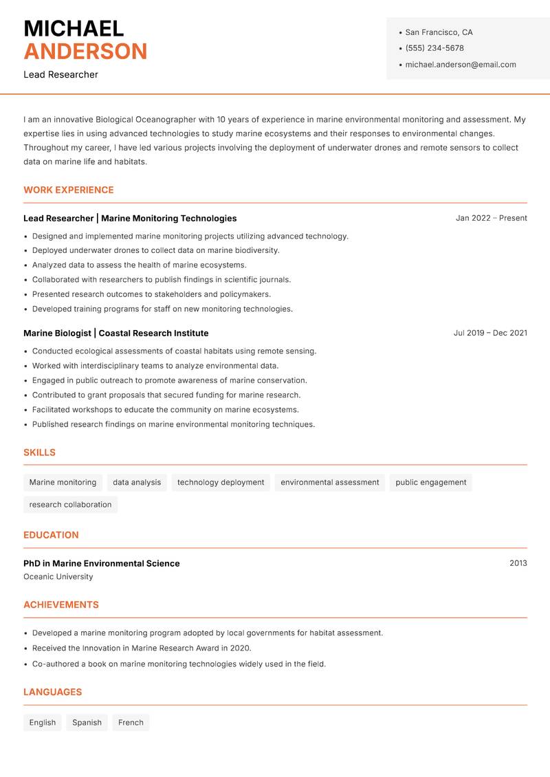 Biological Oceanographer Resume Template