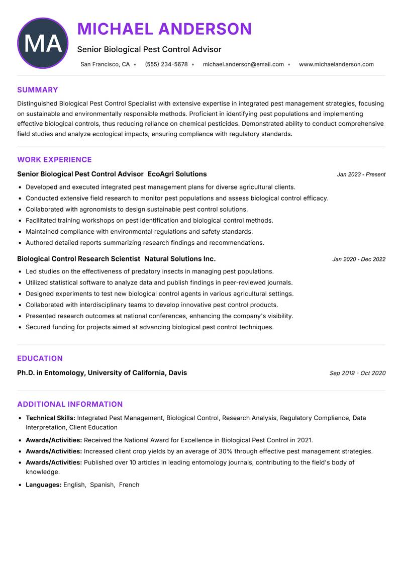 Biological Pest Control Specialist Resume Preview Example