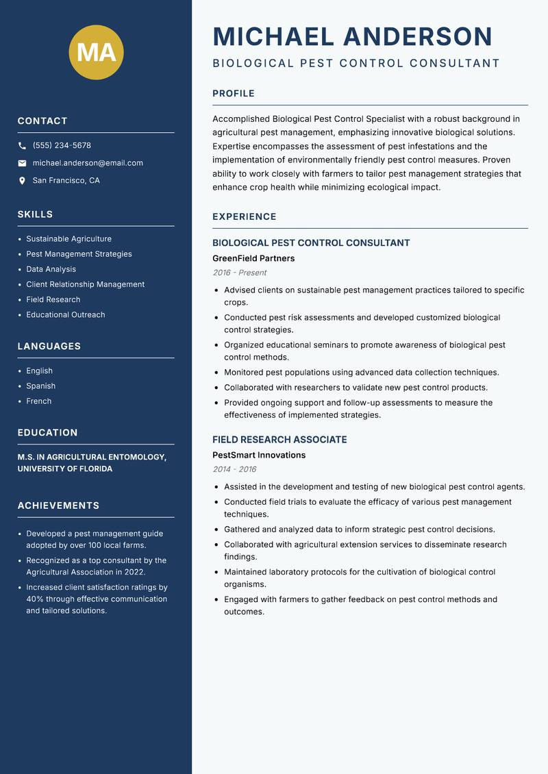 Biological Pest Control Specialist Resume Preview Example