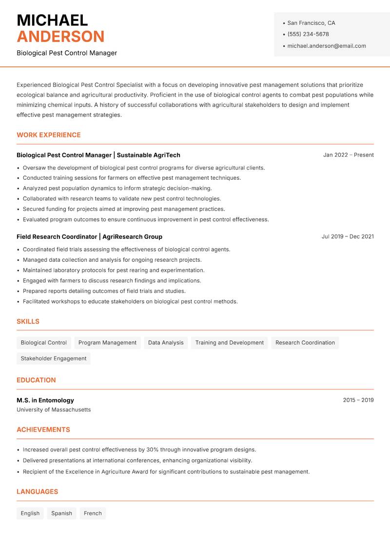 Biological Pest Control Specialist Resume Template