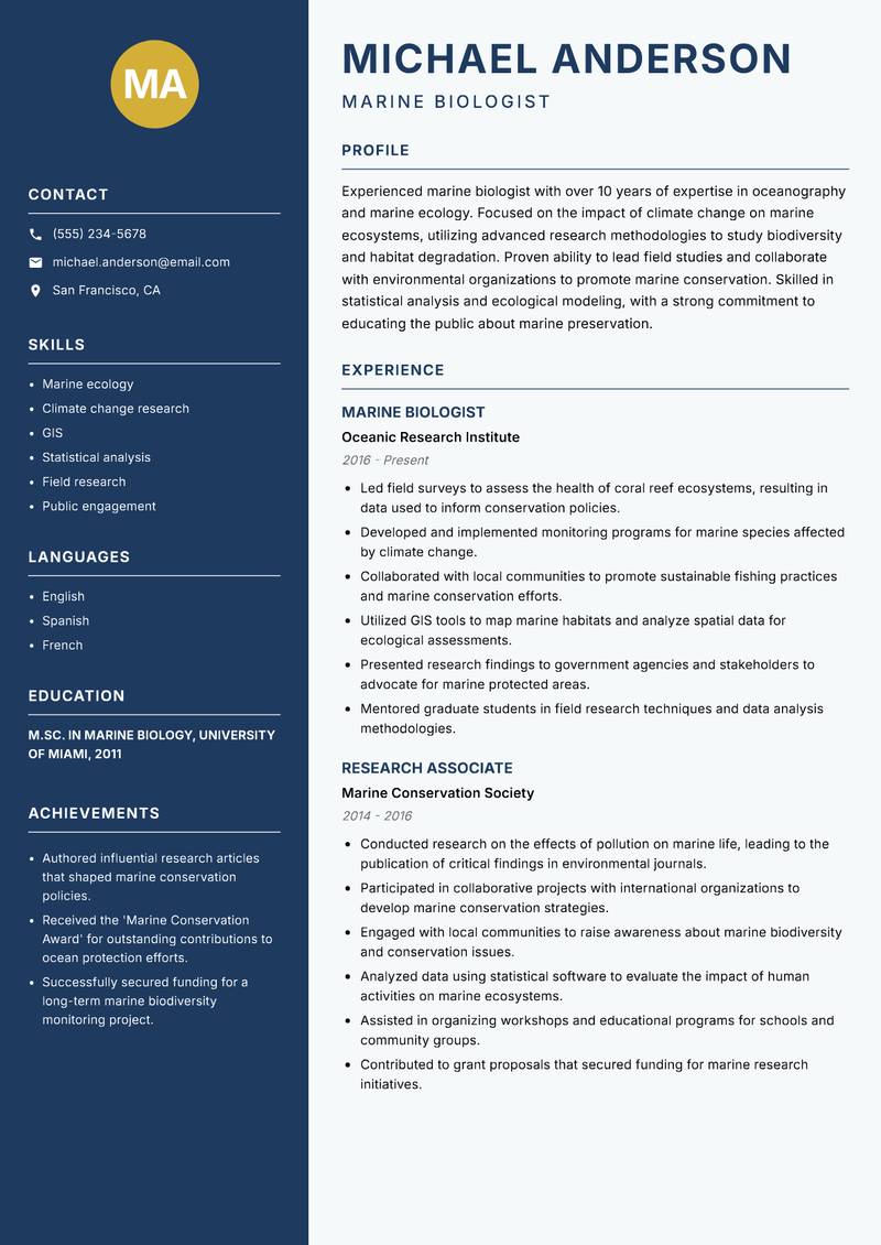 Biologist Resume Preview Example