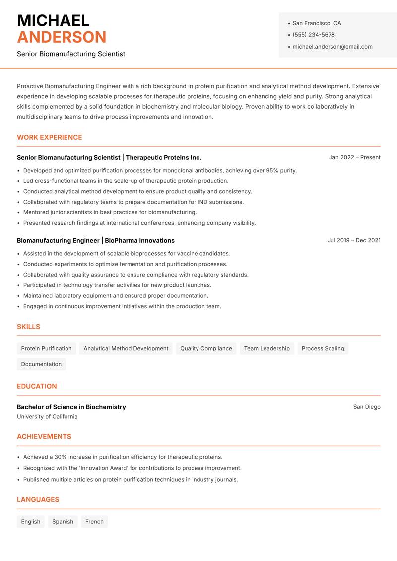 Biomanufacturing Engineer Resume Template