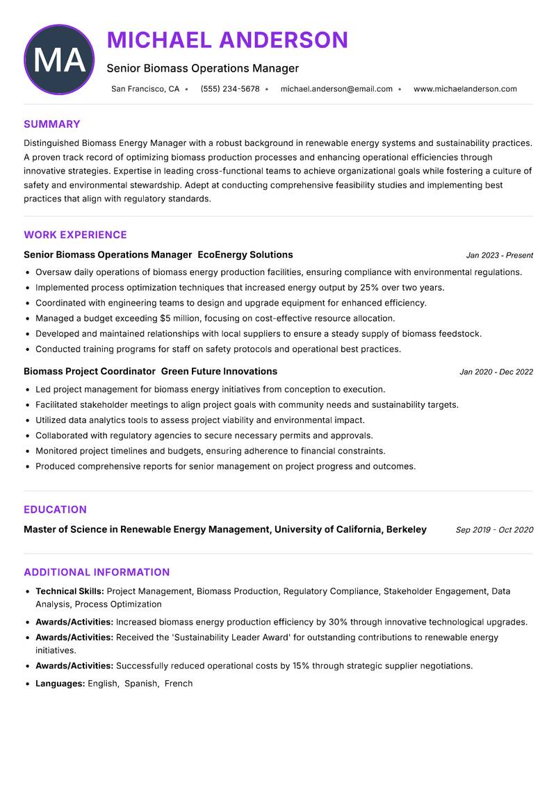Biomass Energy Manager Resume Preview Example