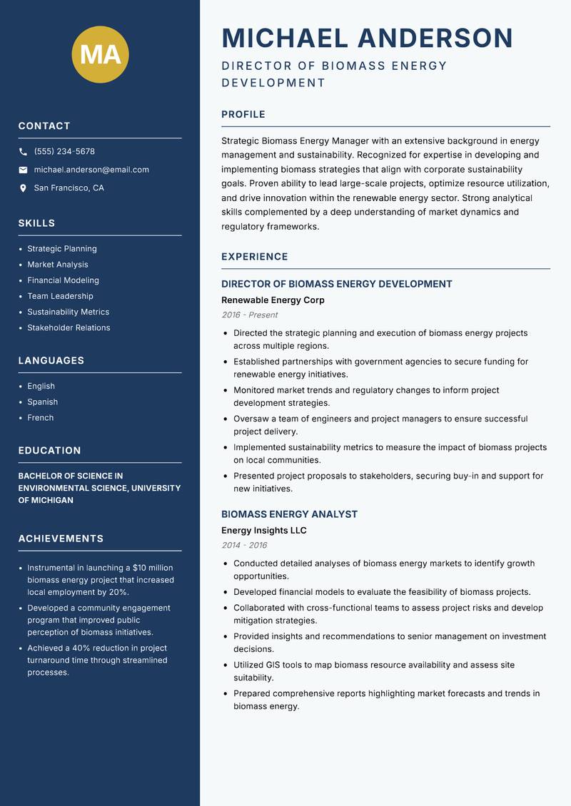 Biomass Energy Manager Resume Preview Example