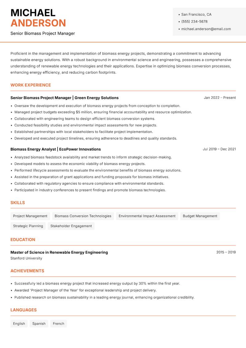 Biomass Energy Manager Resume Template