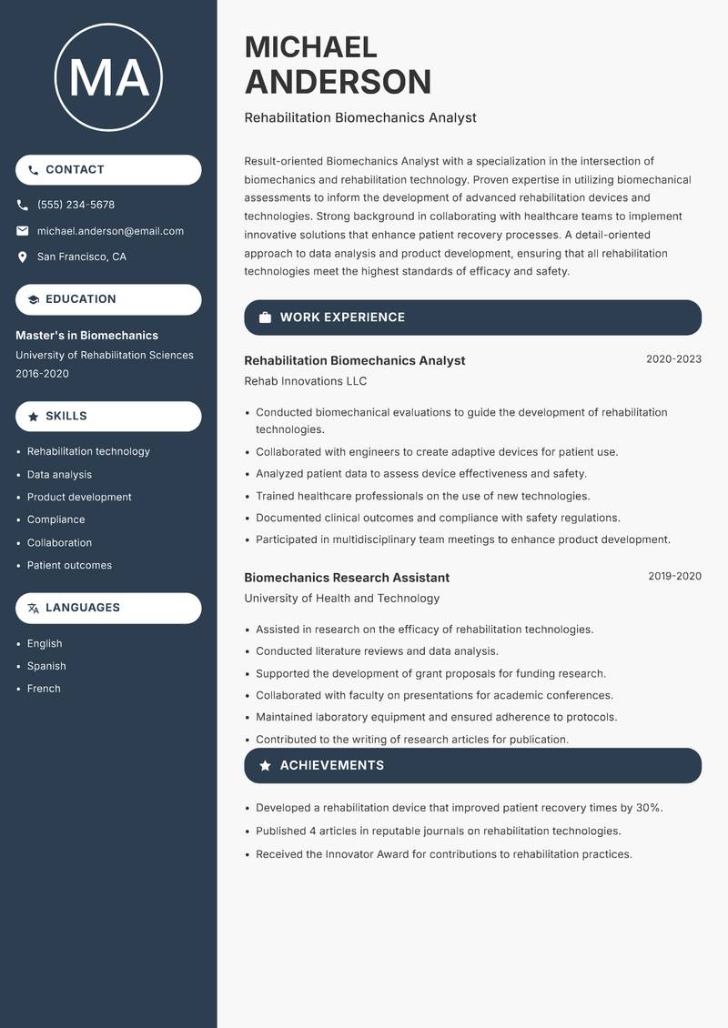 Biomechanics Analyst Resume Preview Example