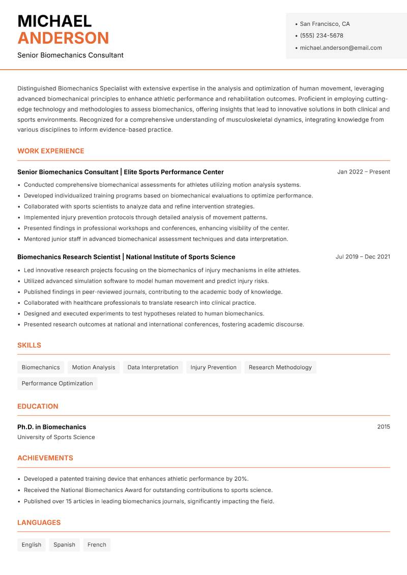 Biomechanics Specialist Resume Template