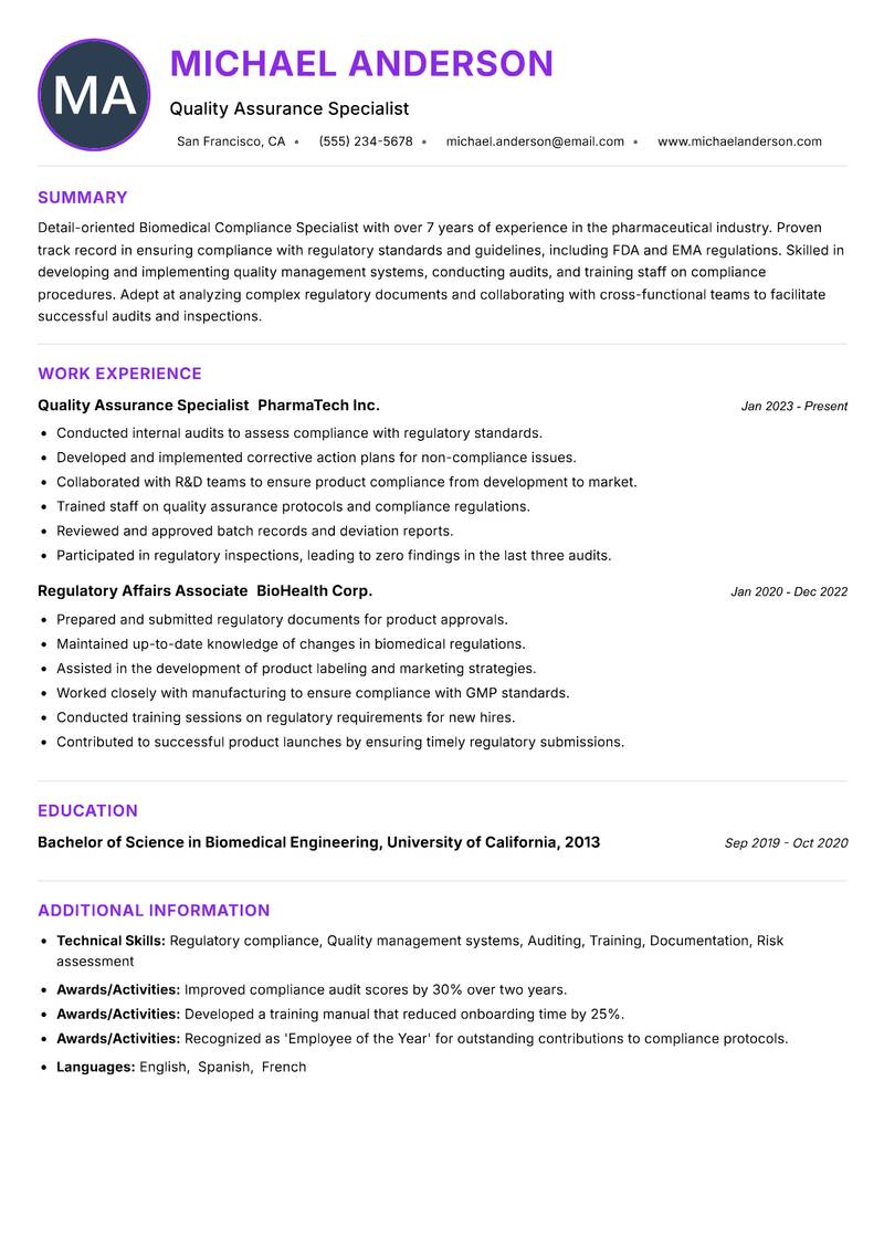 Biomedical Compliance Specialist Resume Preview Example