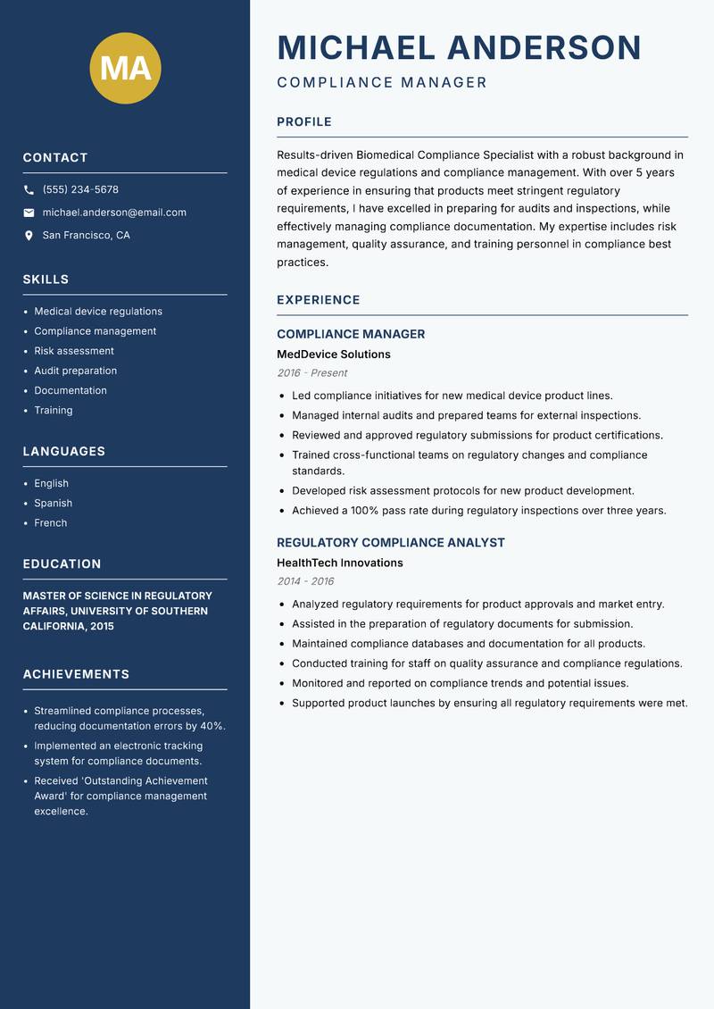 Biomedical Compliance Specialist Resume Preview Example