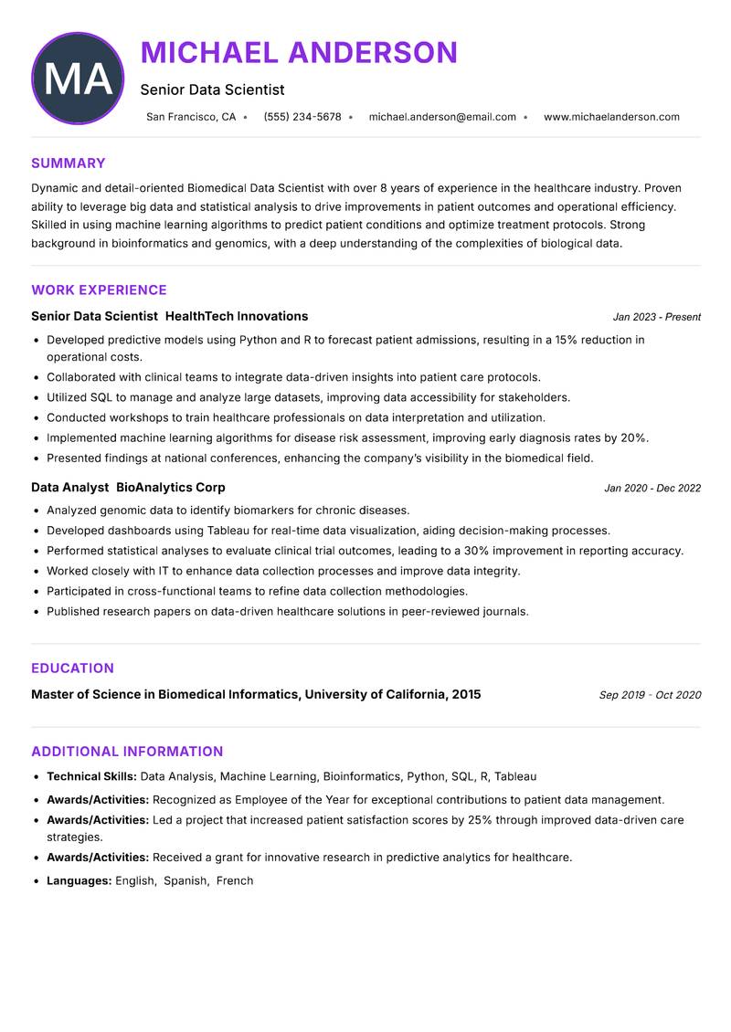 Biomedical Data Scientist Resume Preview Example