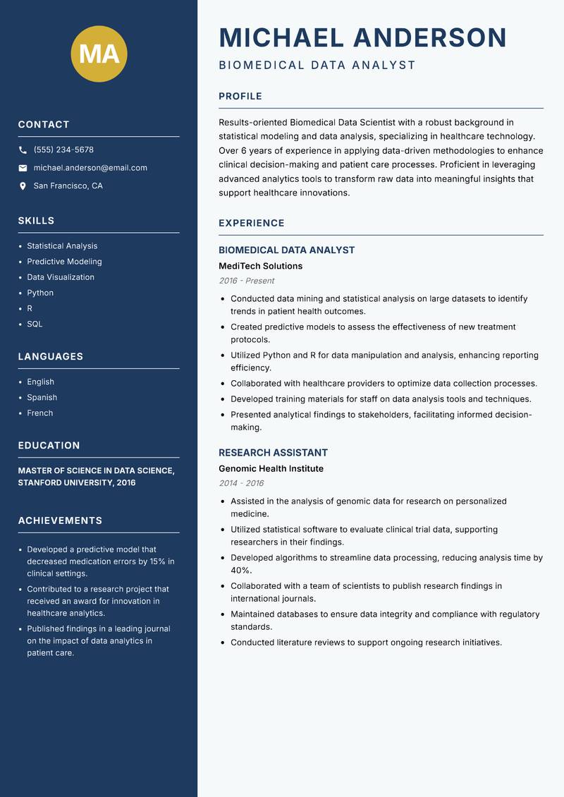 Biomedical Data Scientist Resume Preview Example