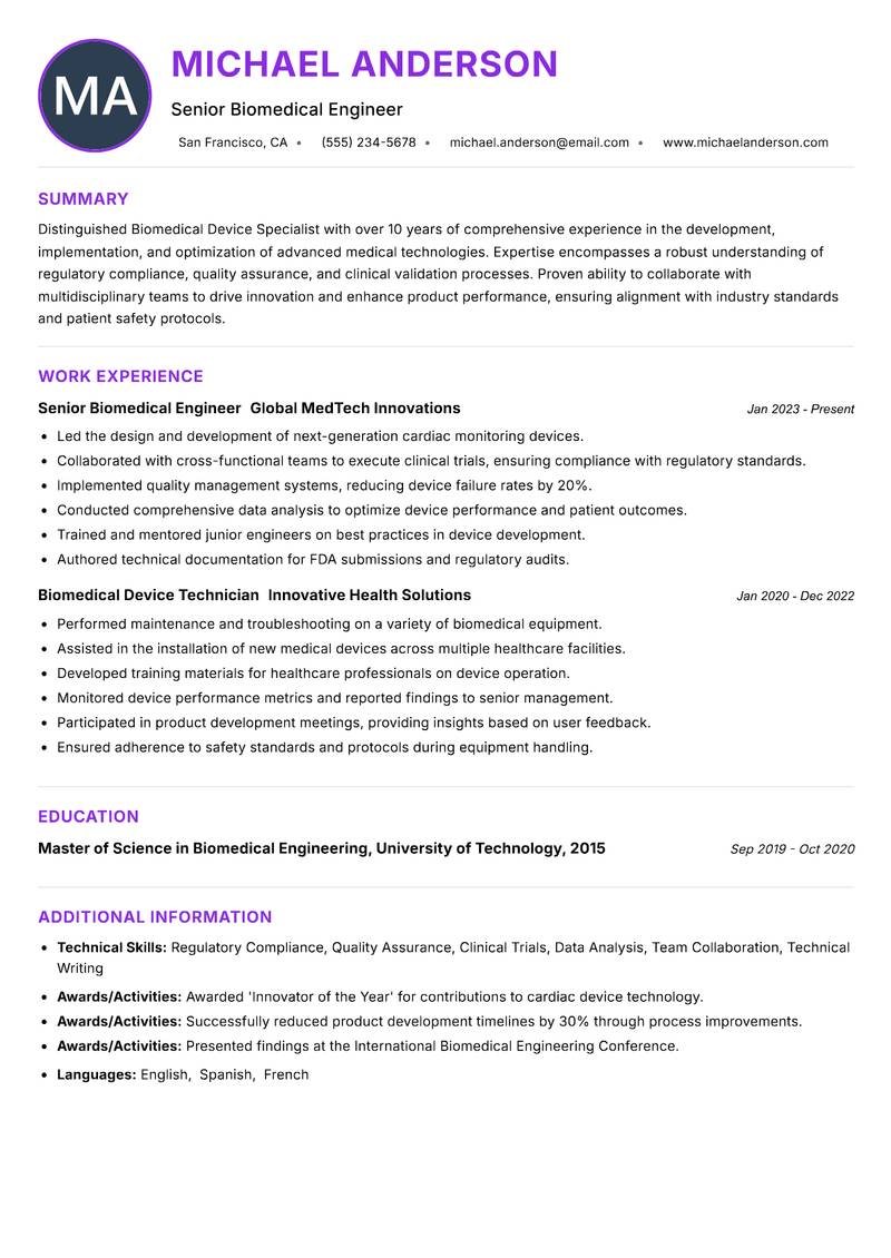 Biomedical Device Specialist Resume Preview Example