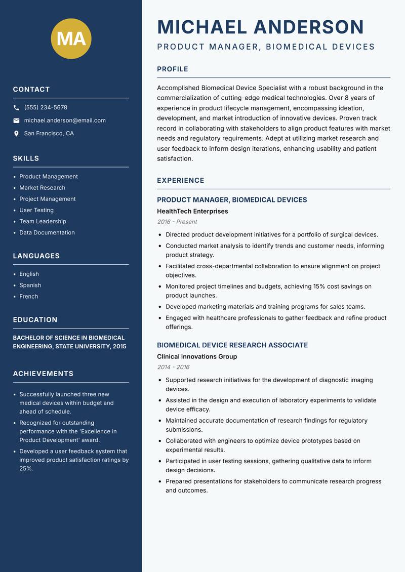 Biomedical Device Specialist Resume Preview Example