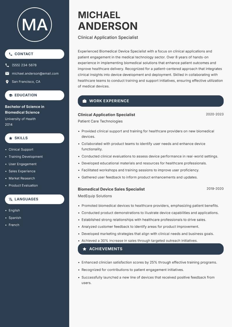 Biomedical Device Specialist Resume Preview Example