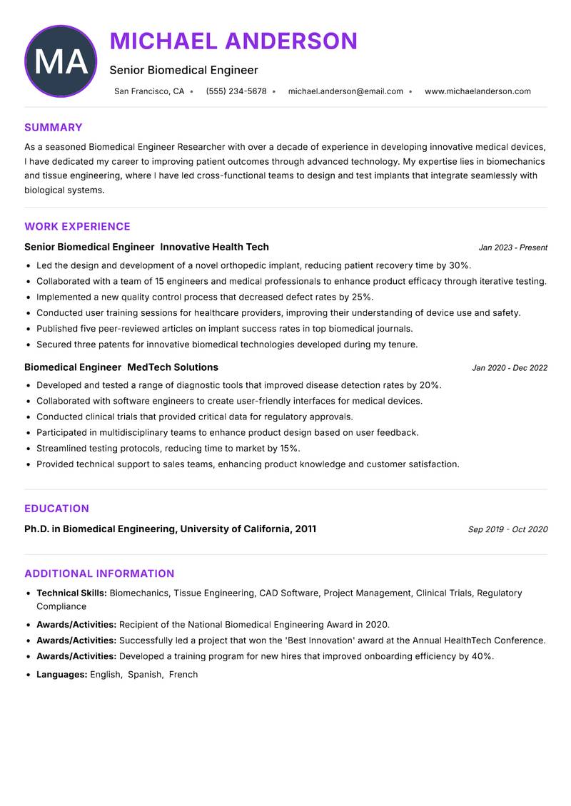 Biomedical Engineer Researcher Resume Preview Example