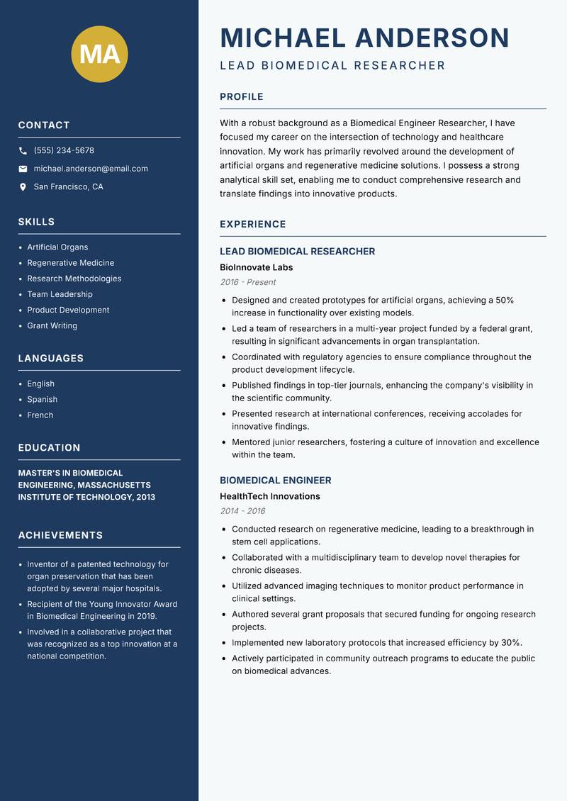 Biomedical Engineer Researcher Resume Preview Example