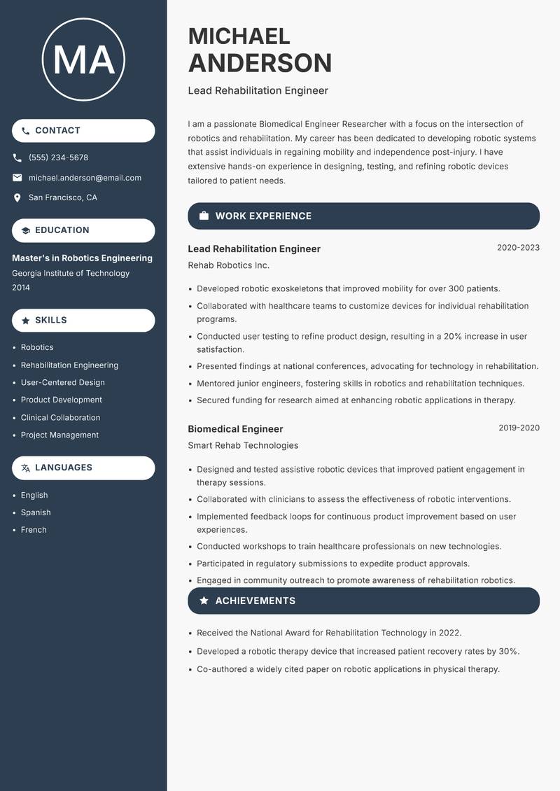 Biomedical Engineer Researcher Resume Preview Example