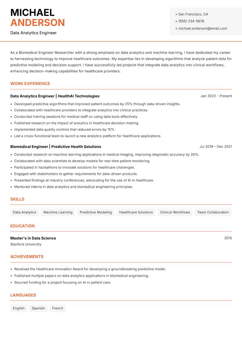 Biomedical Engineer Researcher Resume Template