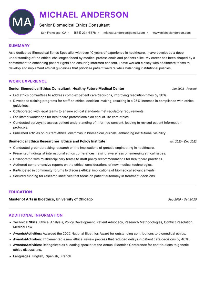 Biomedical Ethics Specialist Resume Preview Example